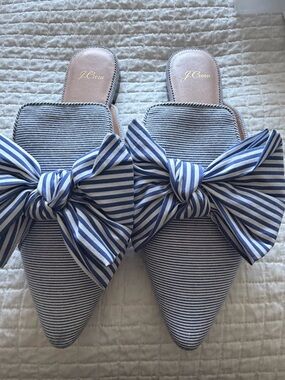J Crew Blue & White Striped Bow Pointed Mules.
